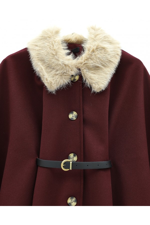 Fur Collar, Belted Waist, Buttoned Cashmere Poncho -Maroon