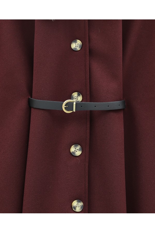 Fur Collar, Belted Waist, Buttoned Cashmere Poncho -Maroon