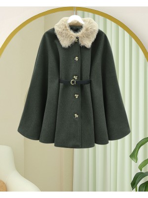 Yakası Kürklü Beli Kemerli Düğmeli Kaşe Panço -Haki