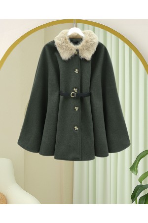 Fur Collar, Belted Waist, Buttoned Cashmere Poncho -Khaki