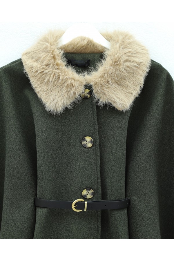 Fur Collar, Belted Waist, Buttoned Cashmere Poncho -Khaki