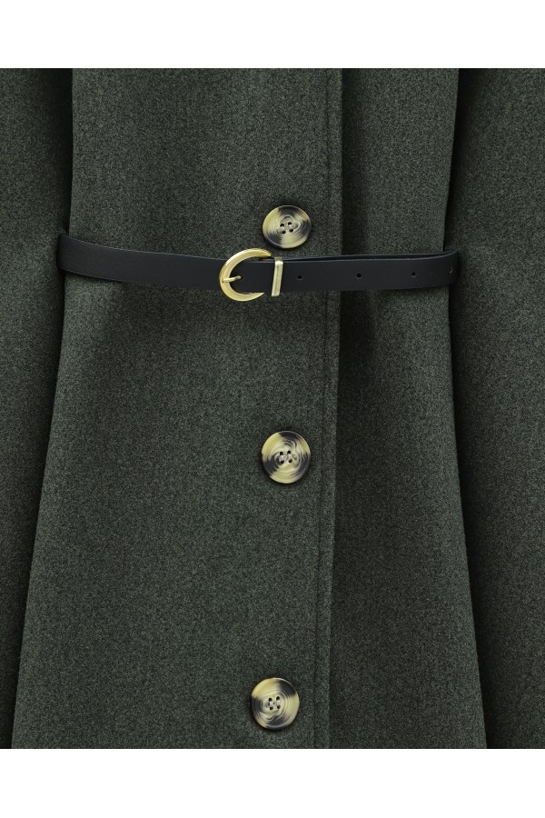 Fur Collar, Belted Waist, Buttoned Cashmere Poncho -Khaki