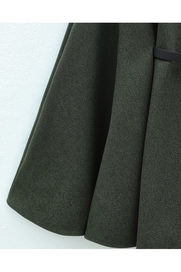 Fur Collar, Belted Waist, Buttoned Cashmere Poncho -Khaki