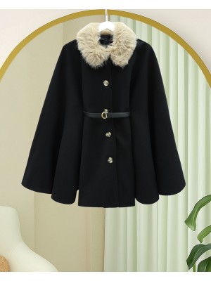 Yakası Kürklü Beli Kemerli Düğmeli Kaşe Panço -Siyah