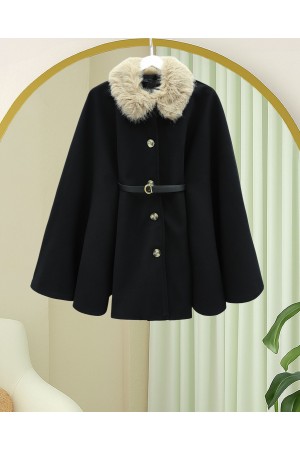 Fur Collar, Belted Waist, Buttoned Cashmere Poncho -Black