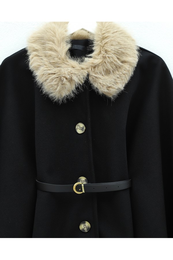 Fur Collar, Belted Waist, Buttoned Cashmere Poncho -Black