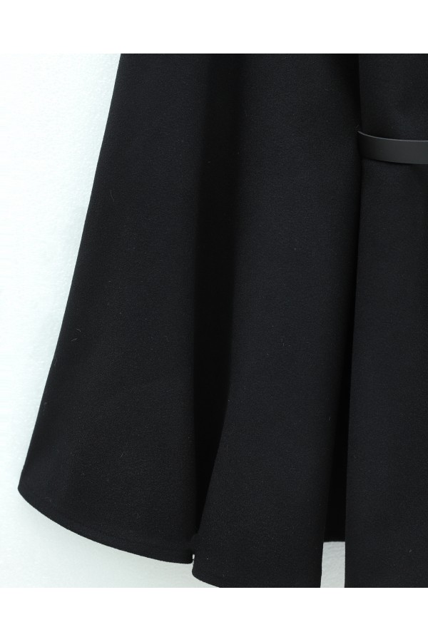 Fur Collar, Belted Waist, Buttoned Cashmere Poncho -Black