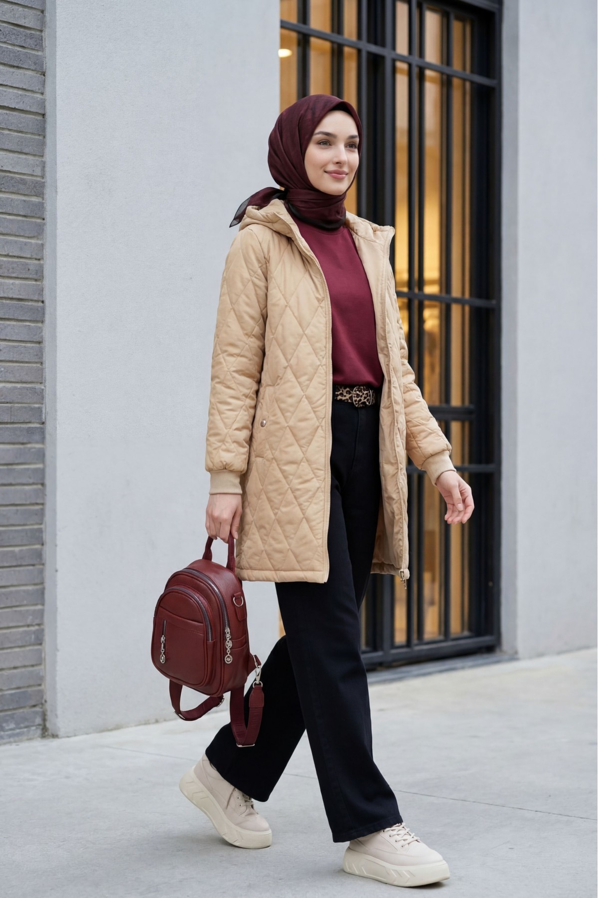 Hooded Pocket Zippered Lined Quilted Coat - Beige