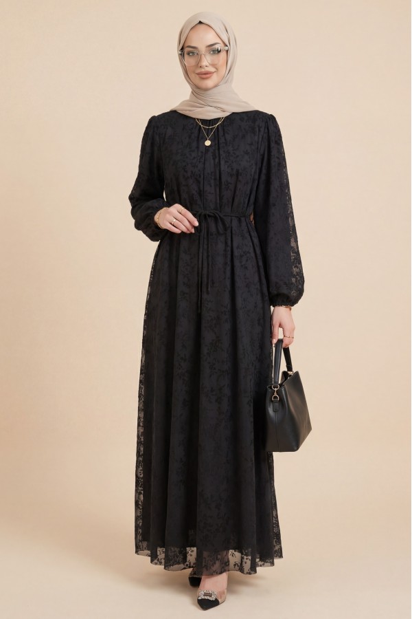 High Neck, Drawstring Waist, Elasticated Cuffs, Lined, Flock Print Dress -Black