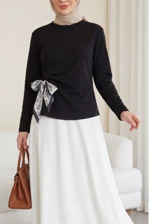 Yandan Fularlı Bağlama Detaylı Oyşo Bluz -Siyah