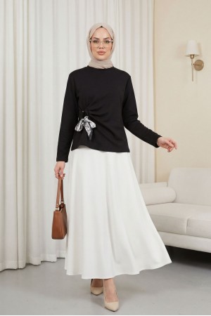 Yandan Fularlı Bağlama Detaylı Oyşo Bluz -Siyah