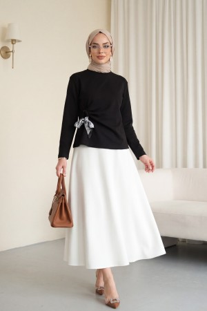 Yandan Fularlı Bağlama Detaylı Oyşo Bluz -Siyah