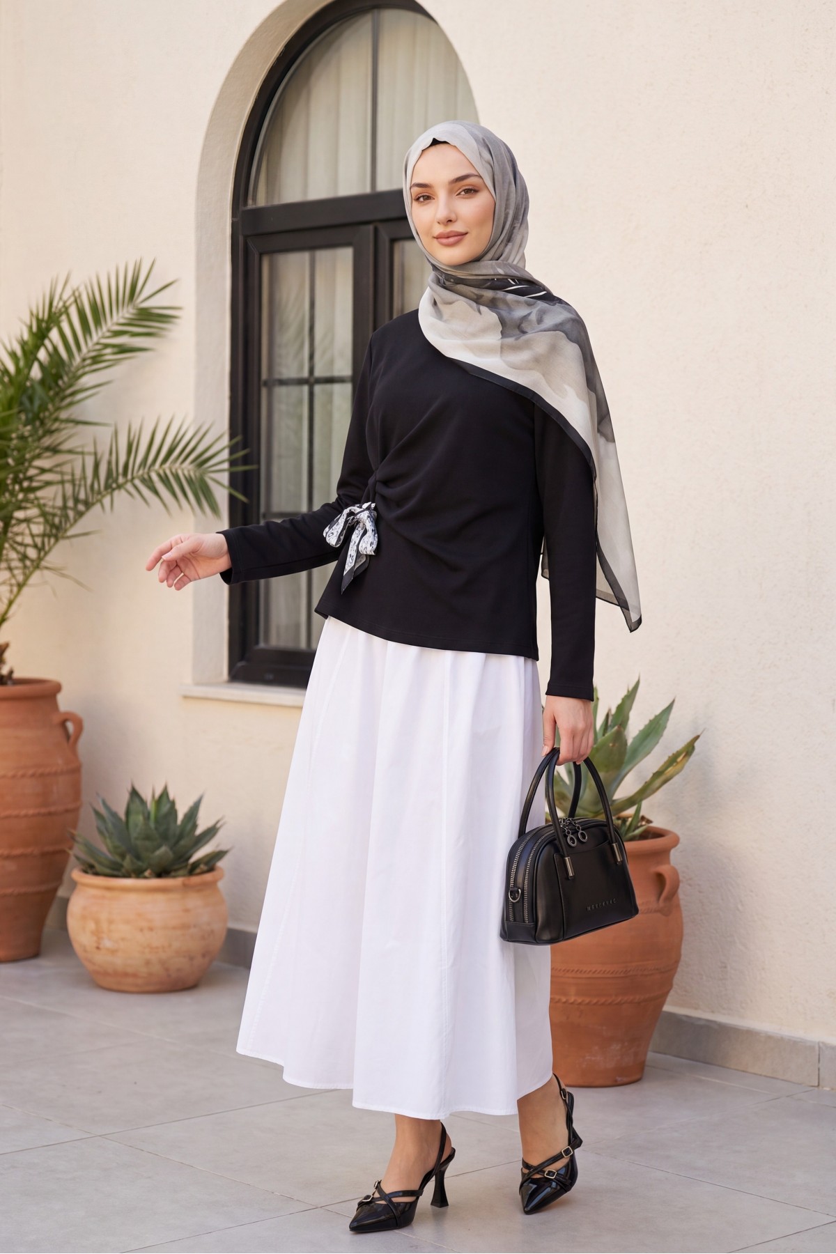Oysho Blouse with Side Scarf Tie Detail -Black