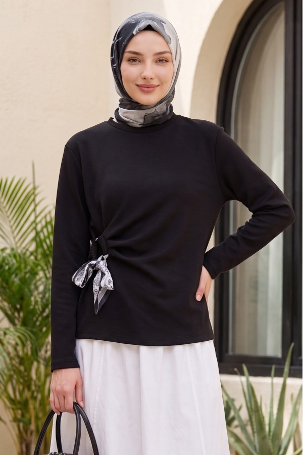 Oysho Blouse with Side Scarf Tie Detail -Black