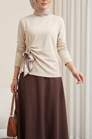 Yandan Fularlı Bağlama Detaylı Oyşo Bluz -Taş