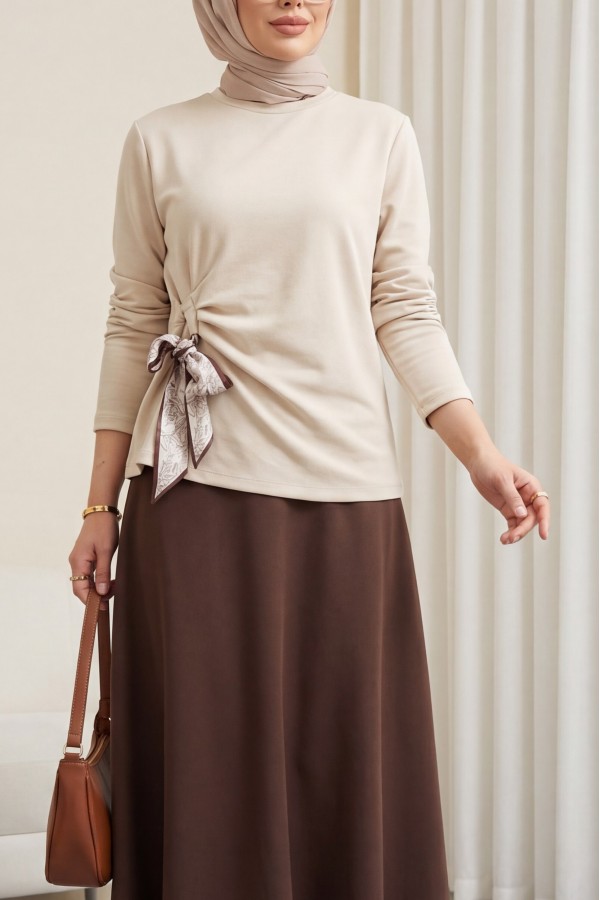 Oysho Blouse with Side Scarf Tie Detail -Stone