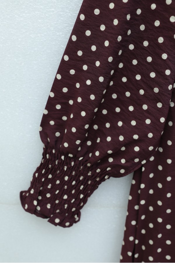 Tie-up Sleeve Elasticated Half-Button Shirt Collar Polyviscose Dress -Dark Bordo