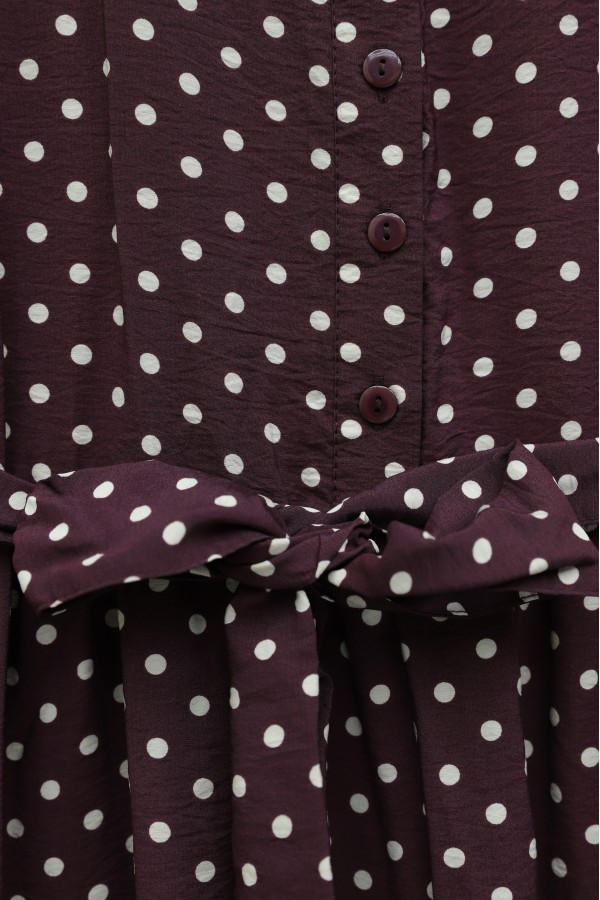 Tie-up Sleeve Elasticated Half-Button Shirt Collar Polyviscose Dress -Dark Bordo