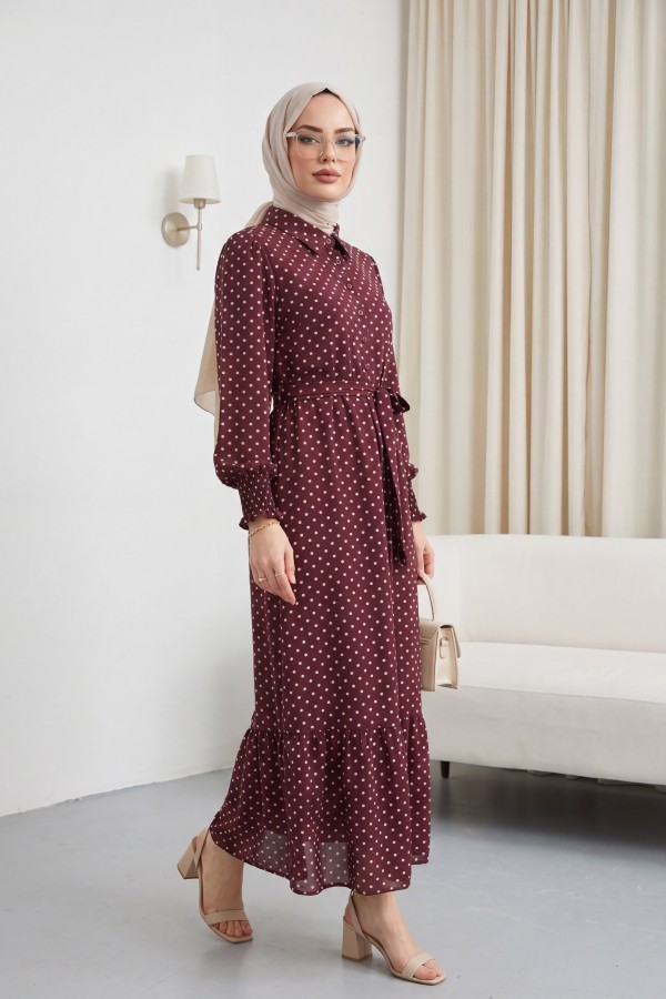Tie-up Sleeve Elasticated Half-Button Shirt Collar Polyviscose Dress -Dark Bordo