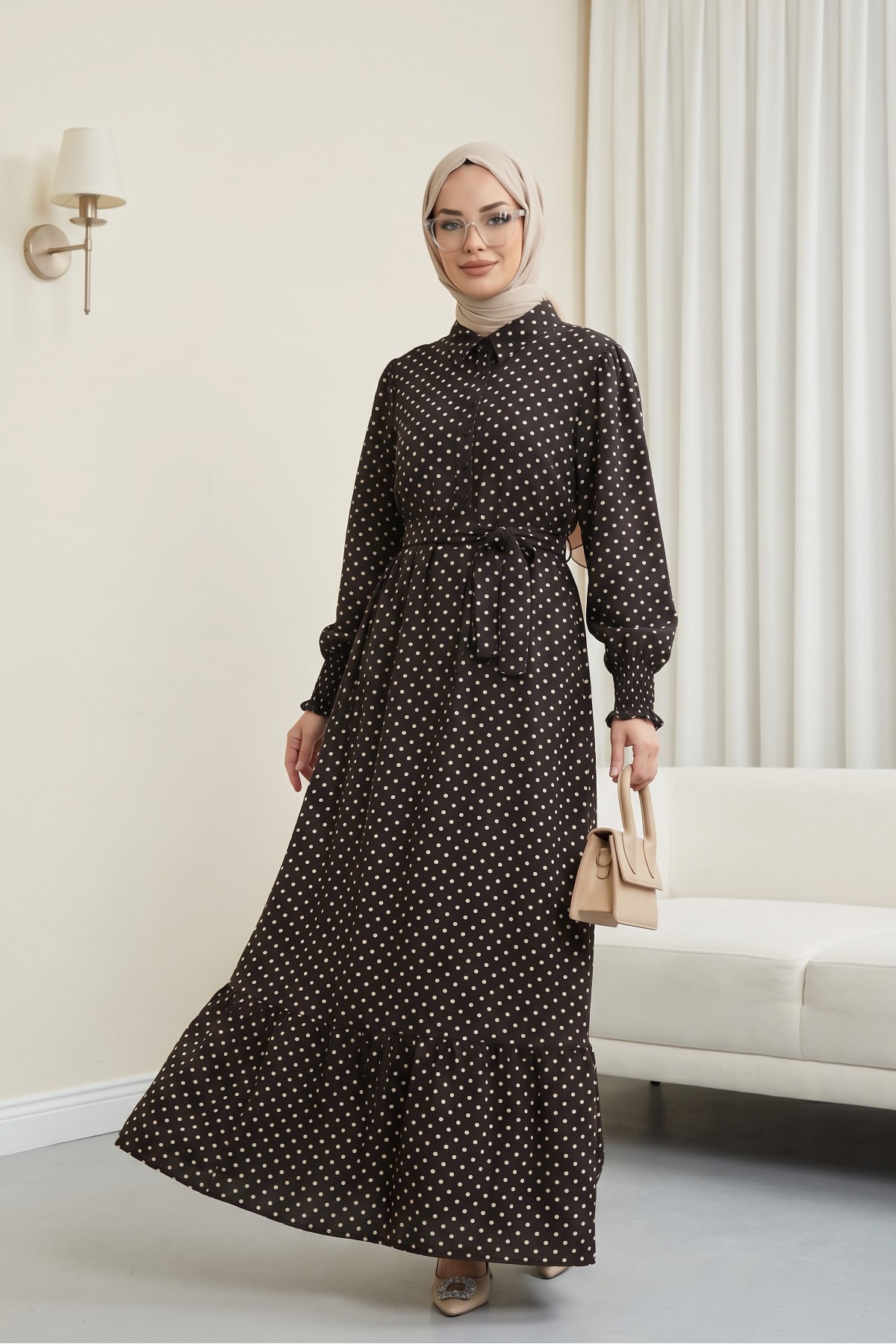 Tie-up Sleeve Elasticated Half-Button Shirt Collar Polyviscose Dress -Dark Coffee