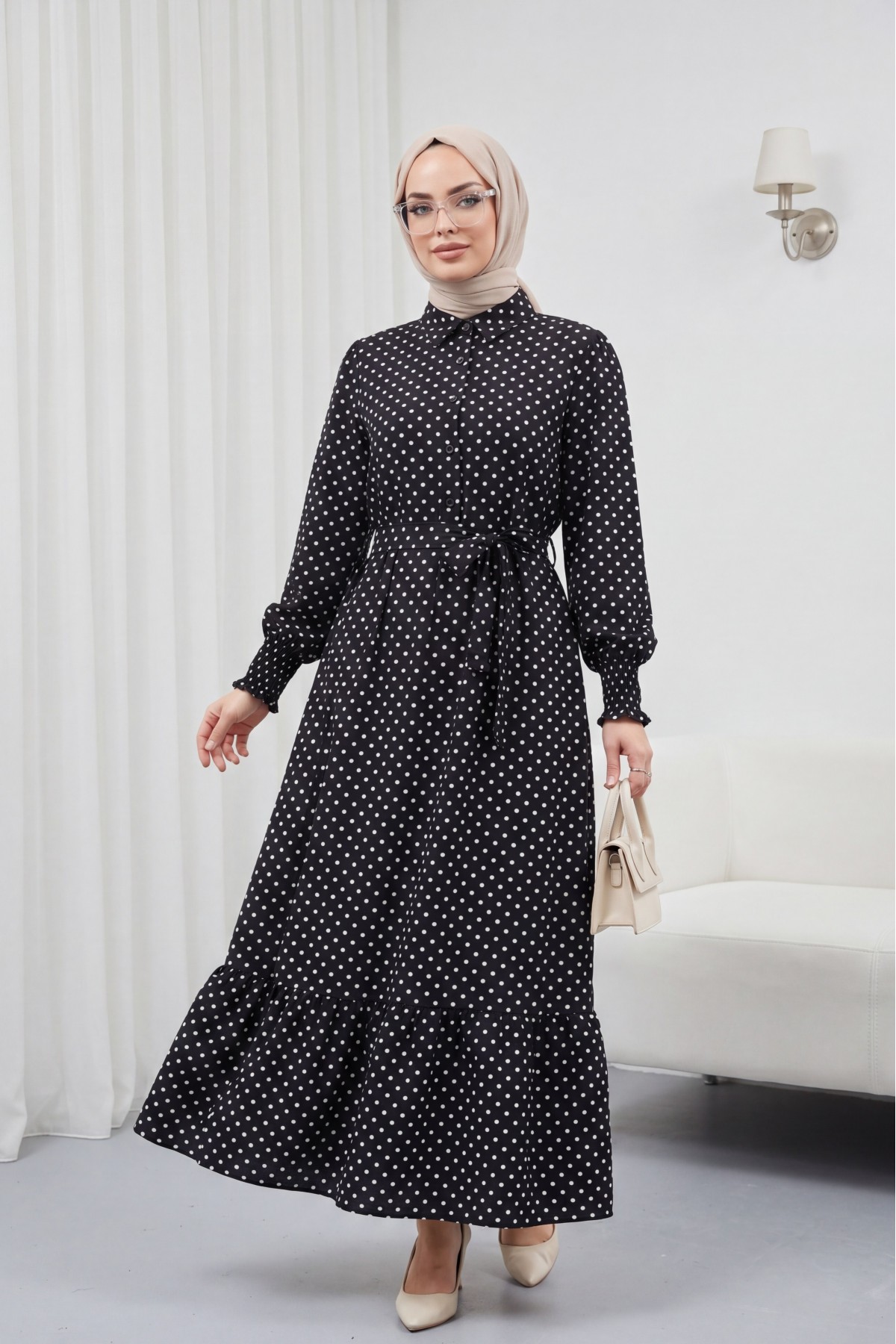 Tie-up Sleeve Elasticated Half-Button Shirt Collar Polyviscose Dress -Black