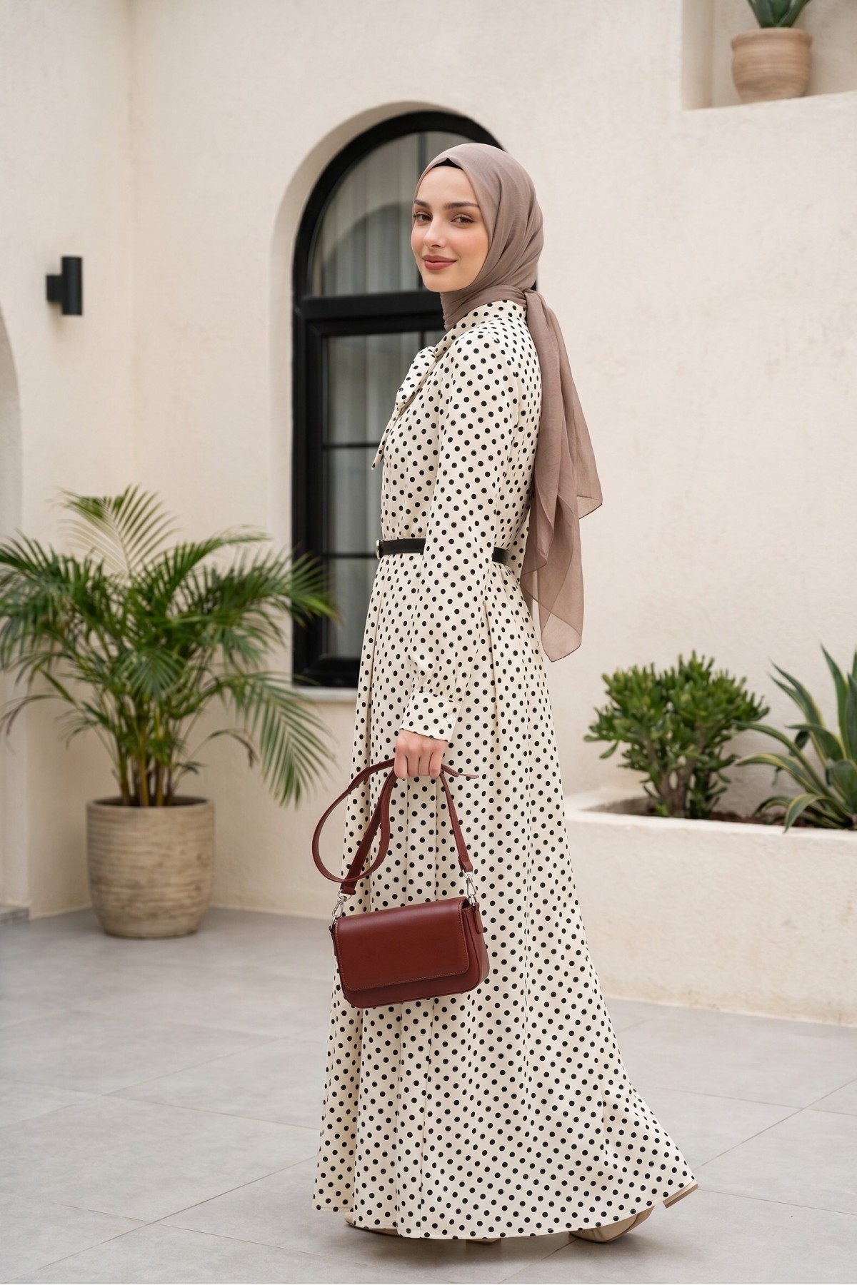 Polka Dot Viscose Dress with Tie Neckline and Belted Waist -White