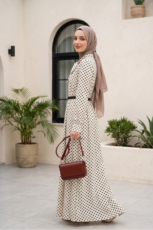 Polka Dot Viscose Dress with Tie Neckline and Belted Waist -White