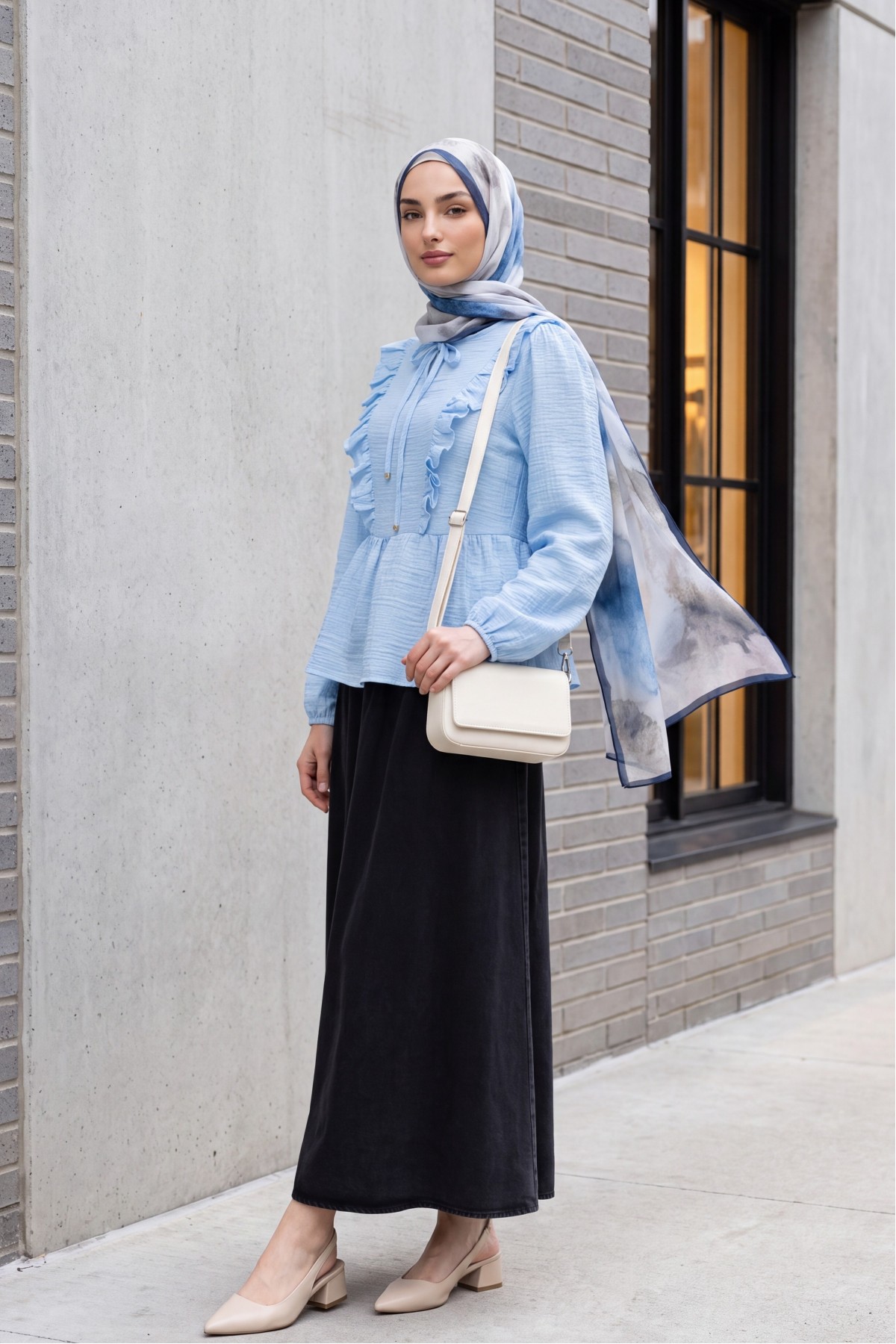 Crinkle Blouse with Tie-Neck Ruffled Front and Elasticated Cuffs -Baby Blue
