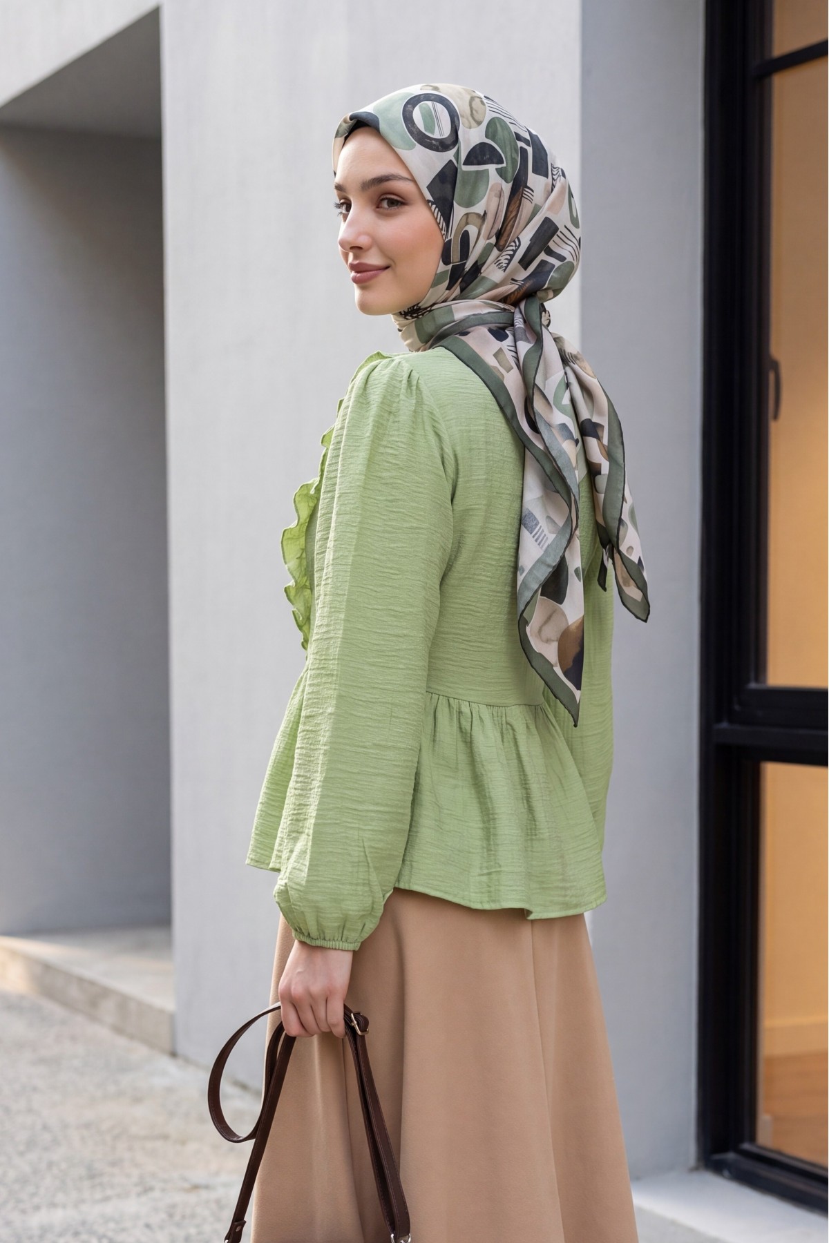 Crinkle Blouse with Tie-Neck Ruffled Front and Elasticated Cuffs -Cagla Green