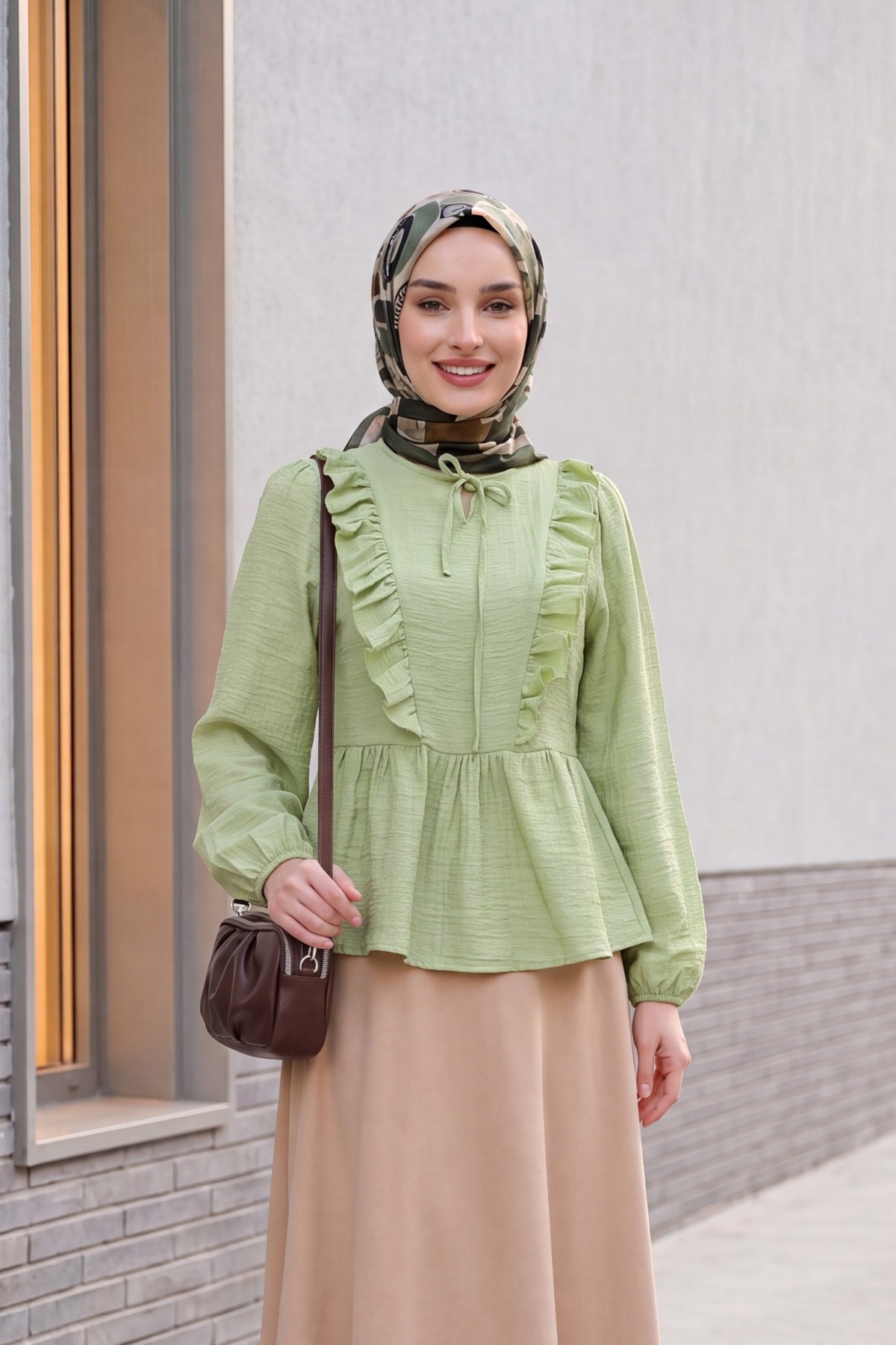 Crinkle Blouse with Tie-Neck Ruffled Front and Elasticated Cuffs -Cagla Green