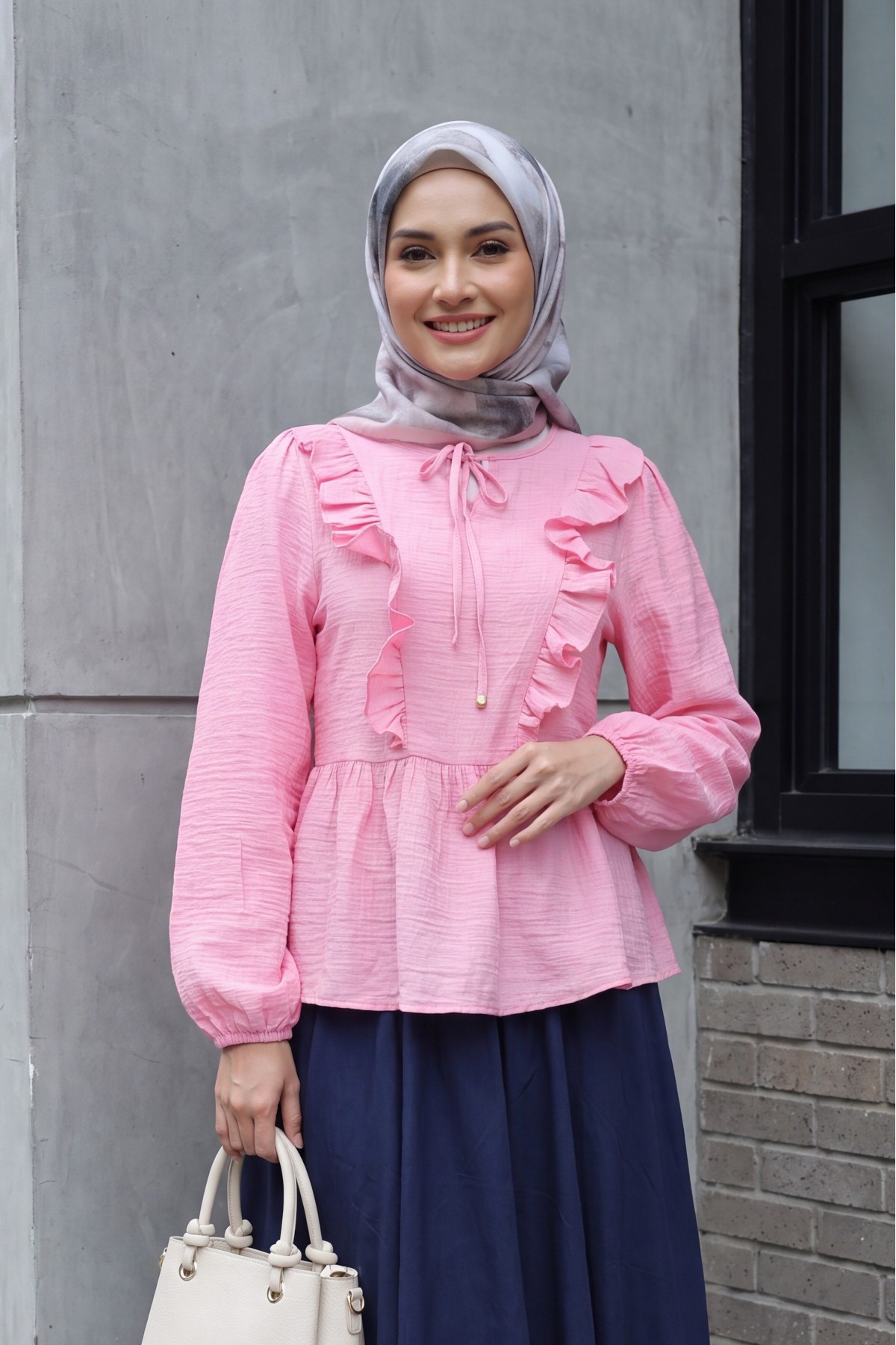 Crinkle Blouse with Tie-Neck Ruffled Front and Elasticated Cuffs -Pink