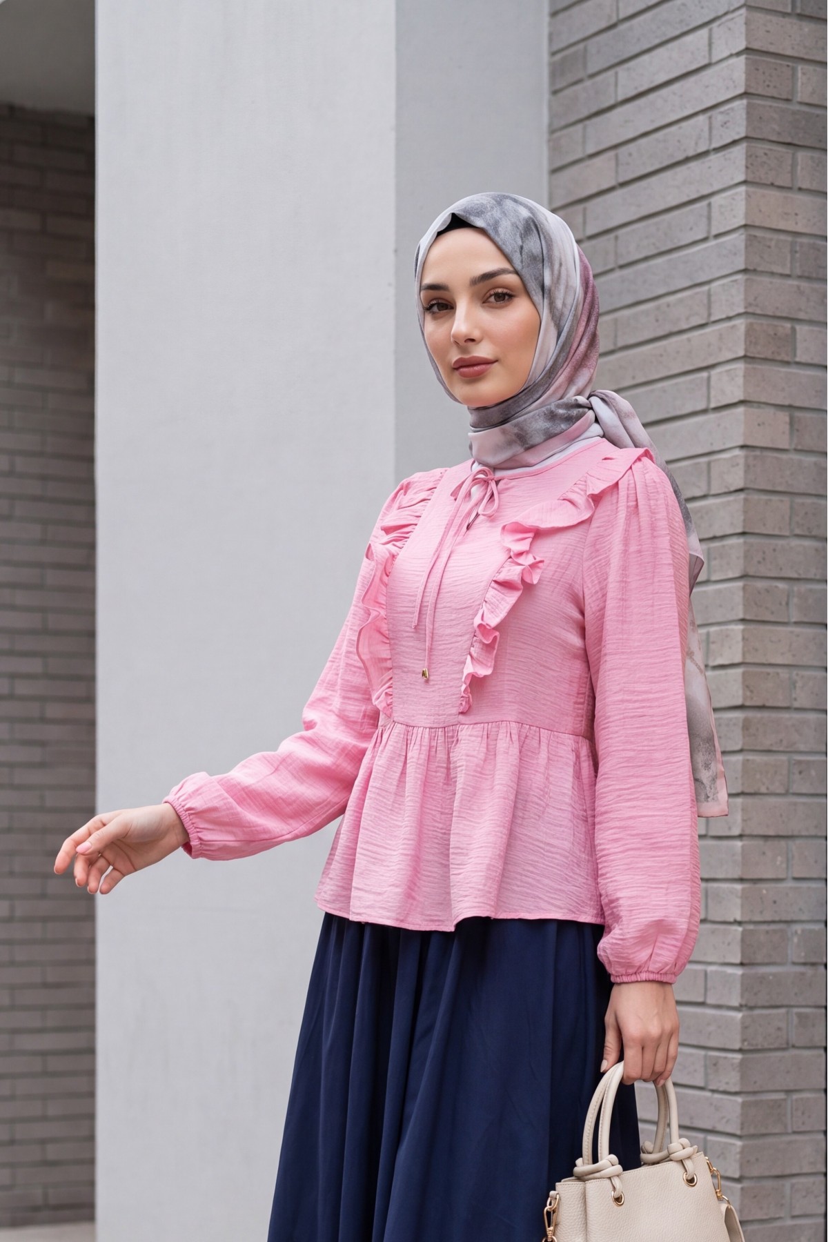 Crinkle Blouse with Tie-Neck Ruffled Front and Elasticated Cuffs -Pink