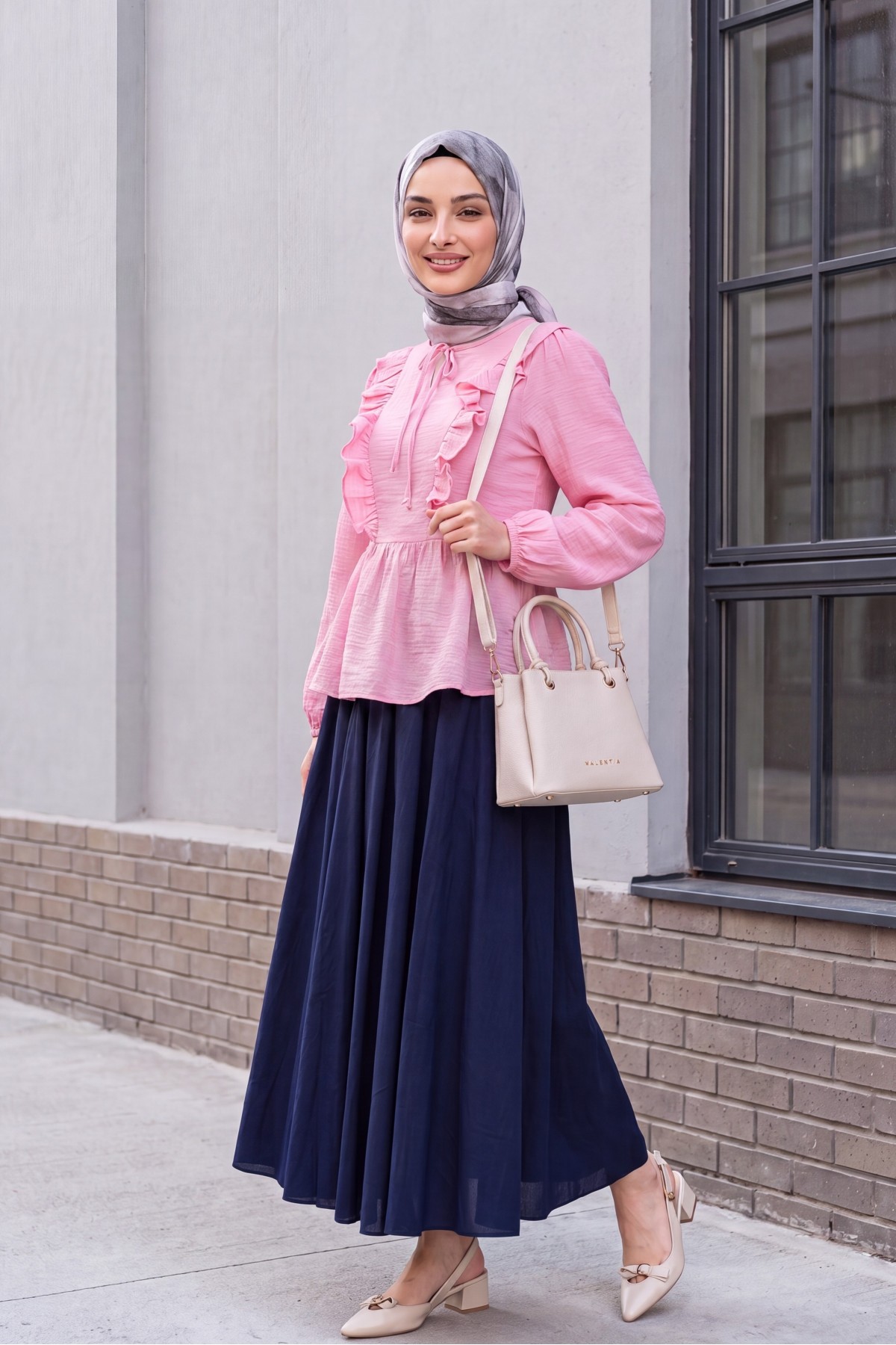 Crinkle Blouse with Tie-Neck Ruffled Front and Elasticated Cuffs -Pink