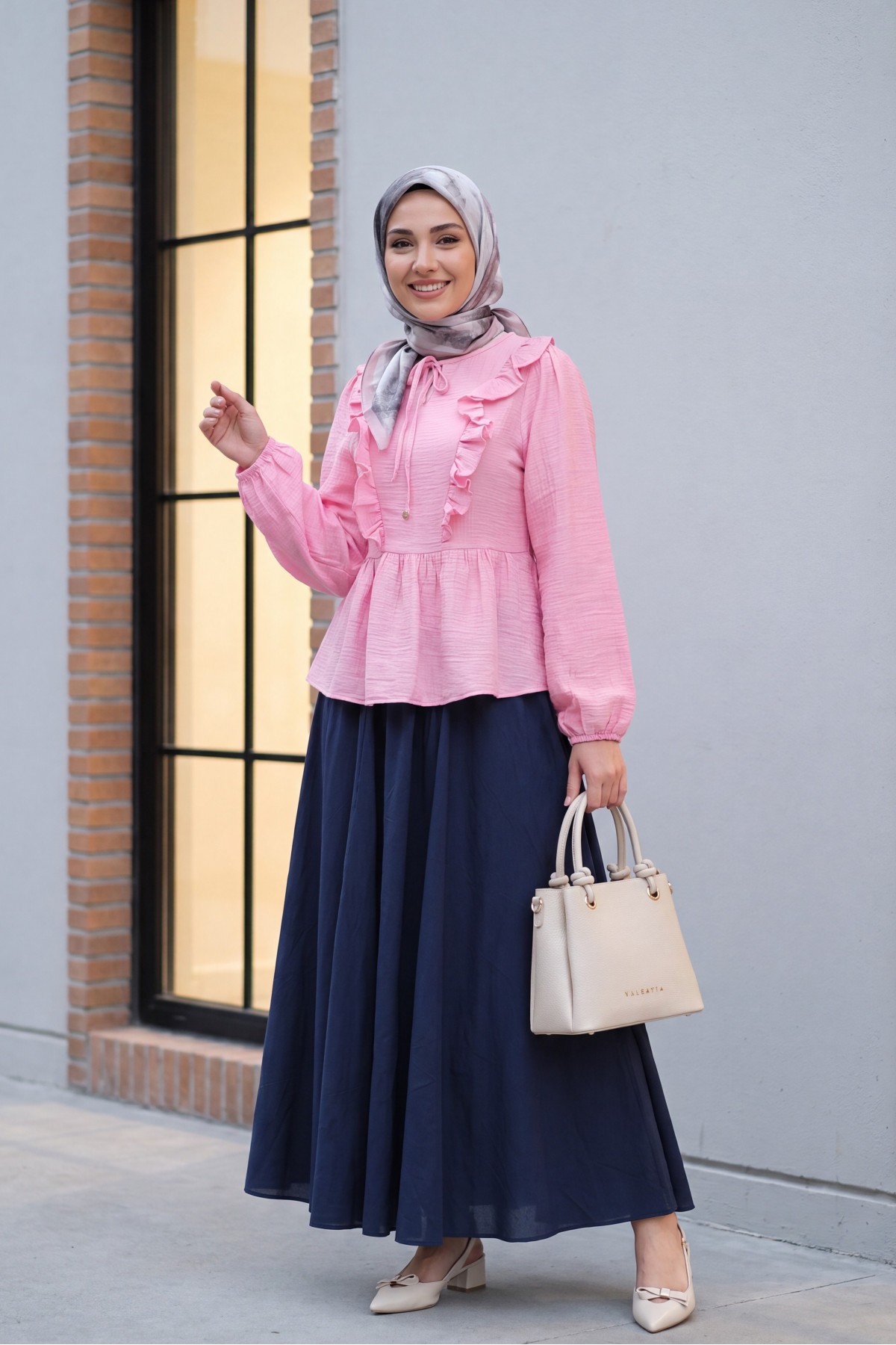 Crinkle Blouse with Tie-Neck Ruffled Front and Elasticated Cuffs -Pink