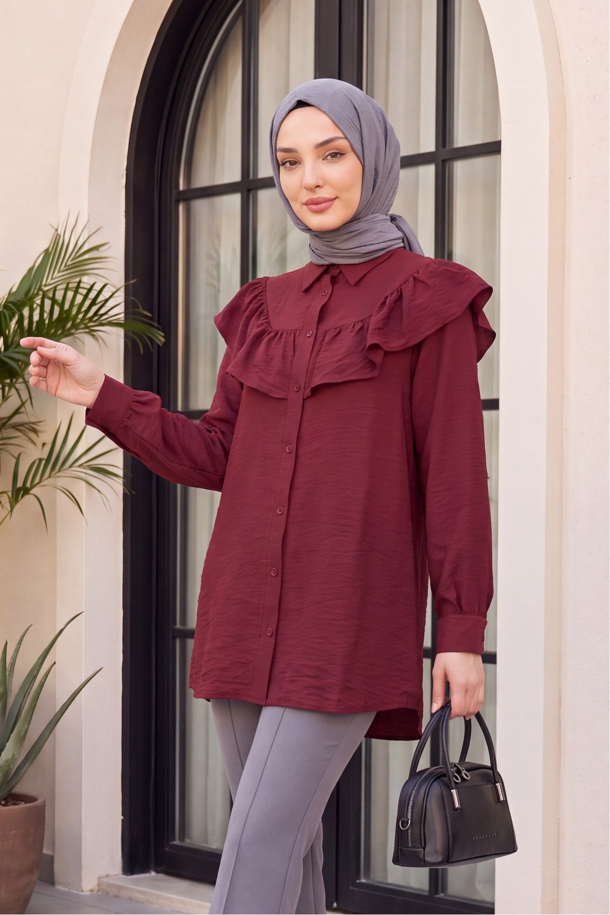 Ruffled Buttoned Rayon Tunic from the Waist -Maroon