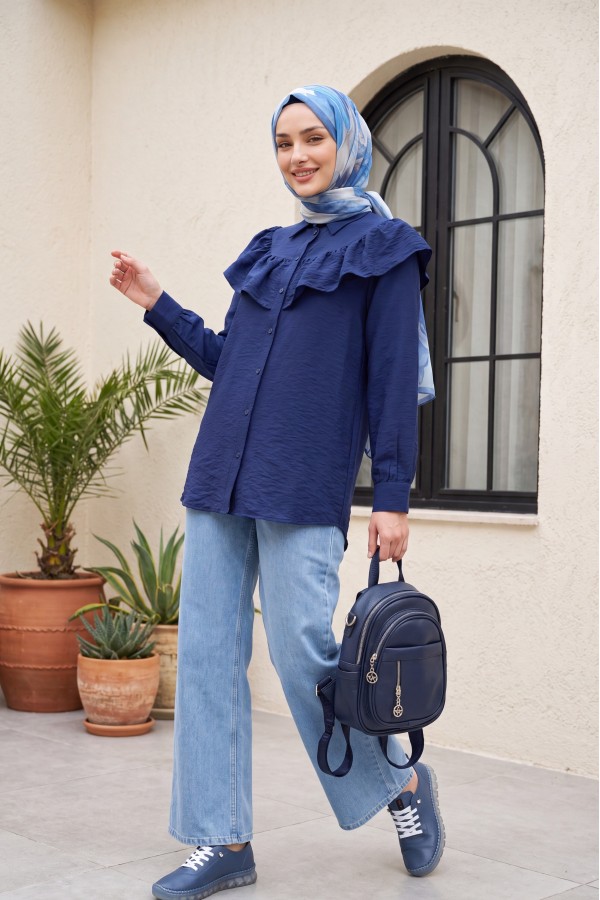 Robadan Fırfırlı Düğmeli Rayon Tunik -Lacivert