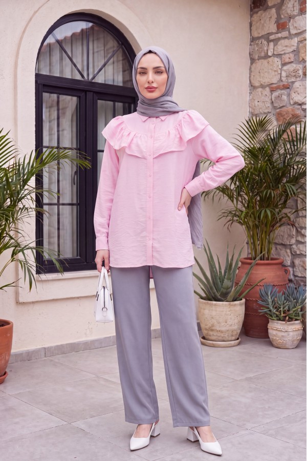 Robadan Fırfırlı Düğmeli Rayon Tunik -Pembe