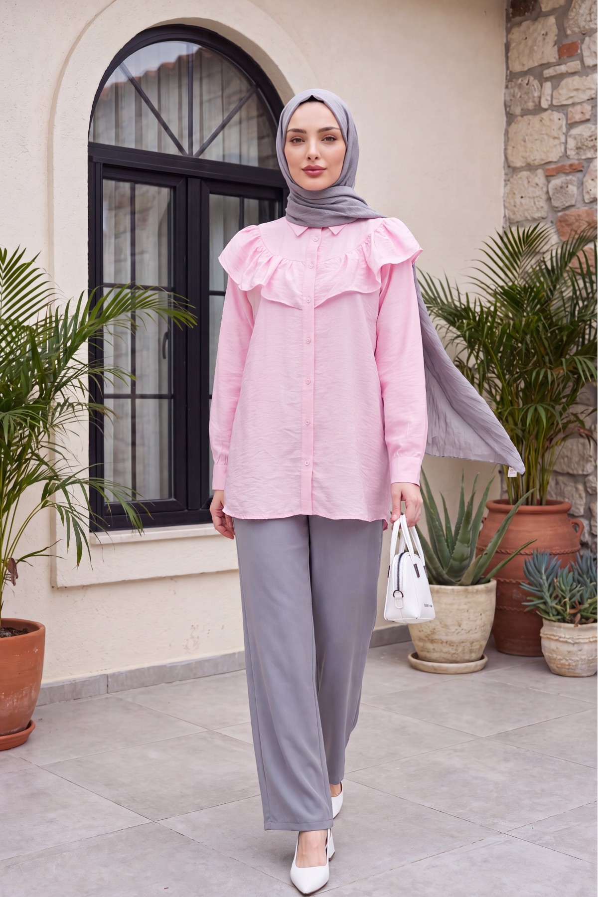 Ruffled Buttoned Rayon Tunic from the Waist -Pink