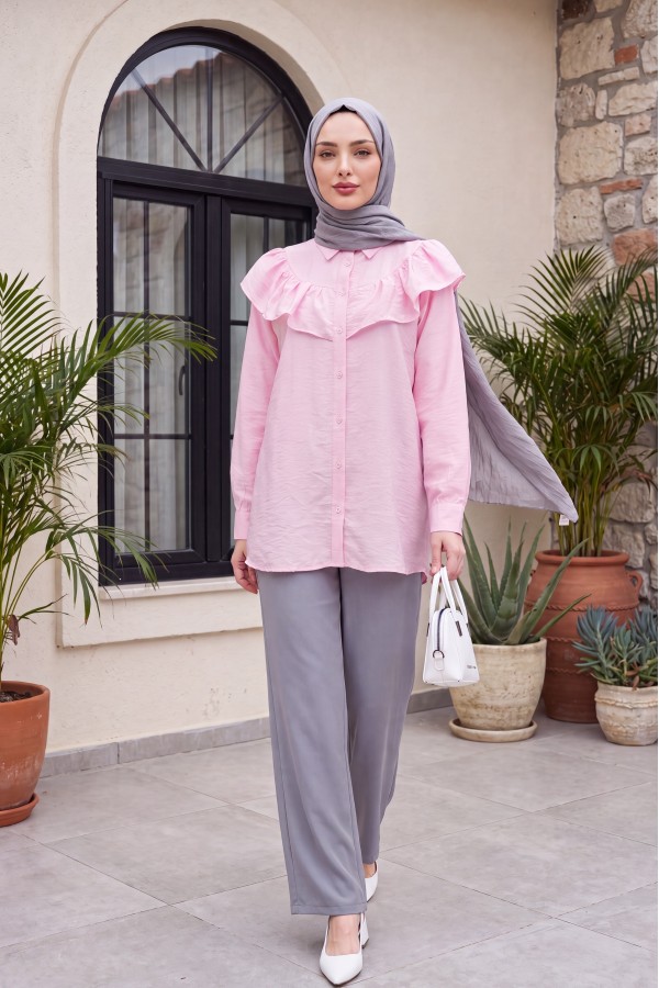 Robadan Fırfırlı Düğmeli Rayon Tunik -Pembe