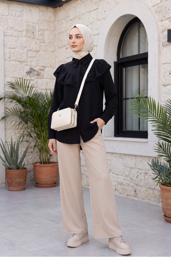 Robadan Fırfırlı Düğmeli Rayon Tunik -Siyah