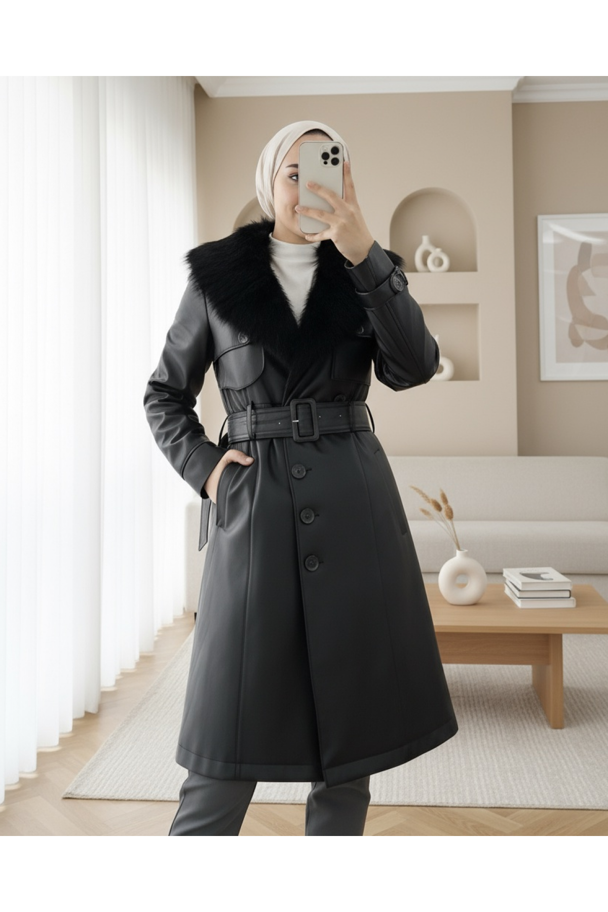 Çıkma Kürklü  Deri Mont -Black