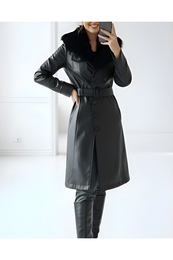 Çıkma Kürklü  Deri Mont -Black