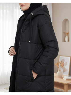 Sabit Kapşonlu Kuş Gözü Detaylı Uzun Kaban -Siyah