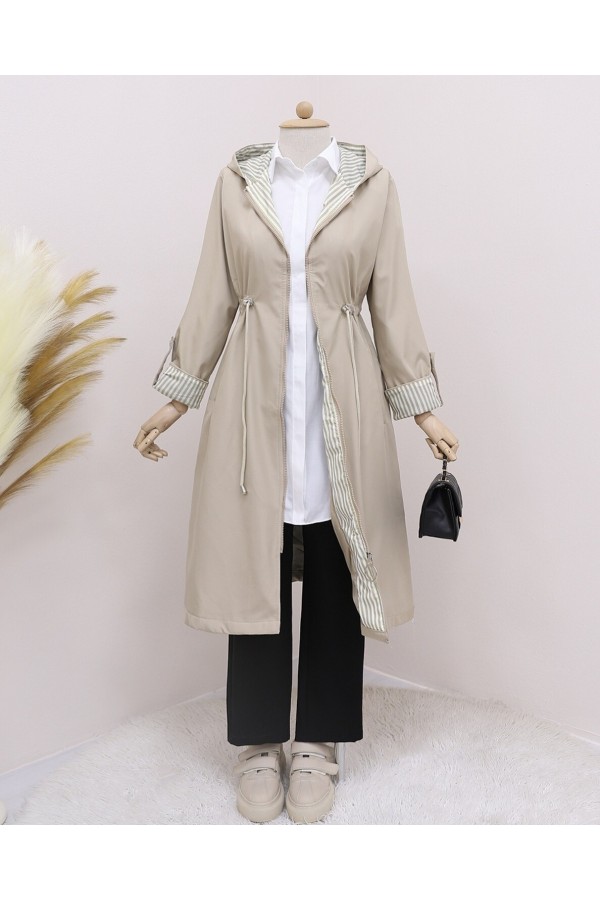 Waist Tight Quilted Lined Hooded Trench Coat -Stone