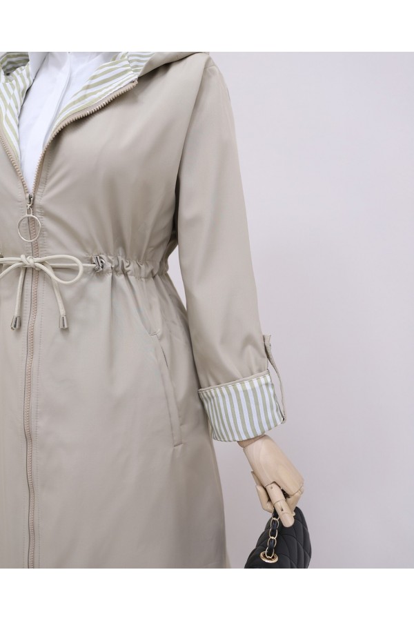 Waist Tight Quilted Lined Hooded Trench Coat -Stone
