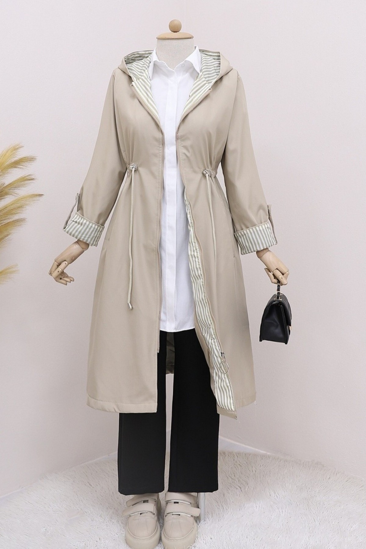 Waist Tight Quilted Lined Hooded Trench Coat -Stone