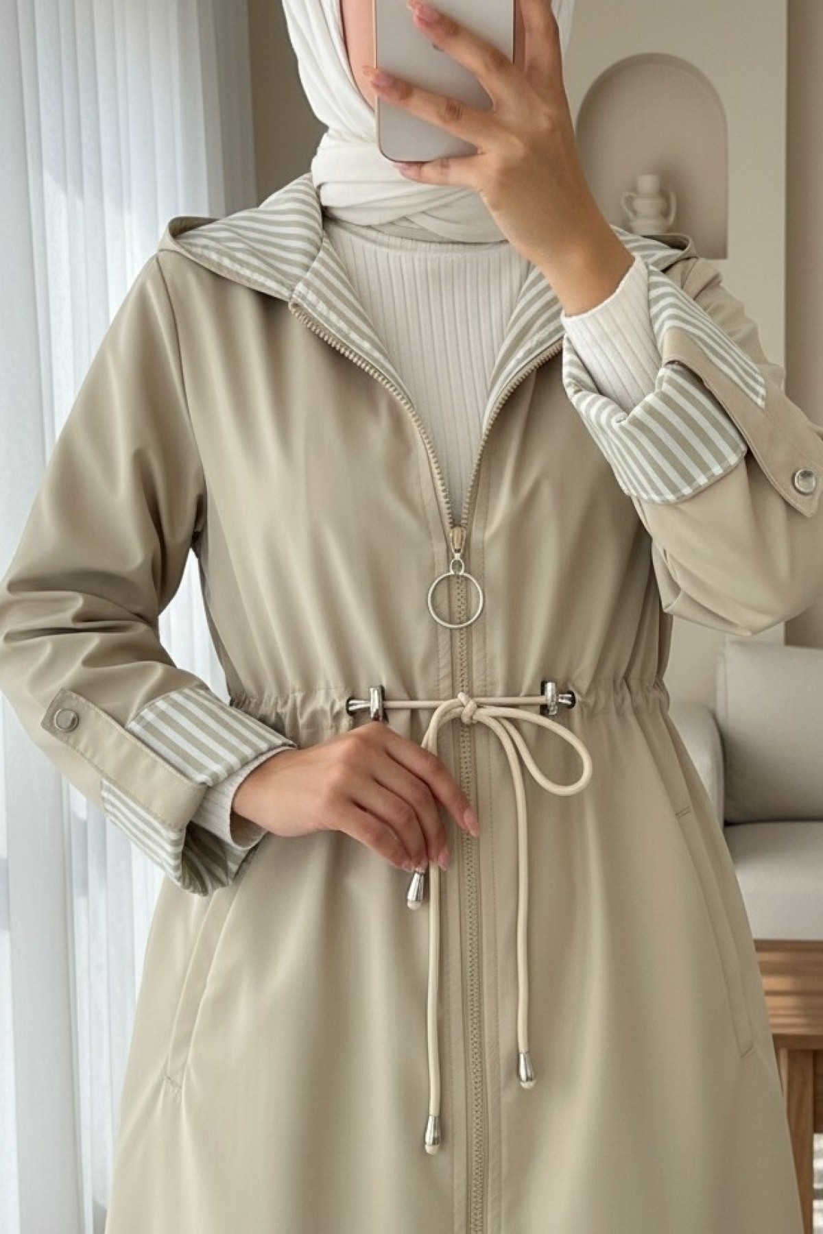 Waist Tight Quilted Lined Hooded Trench Coat -Stone