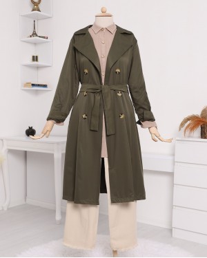 معطف طويل بحزام بياقة شال -خاكي