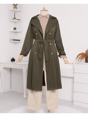 Çift Düğme Kemerli Uzun Trenckot -Haki