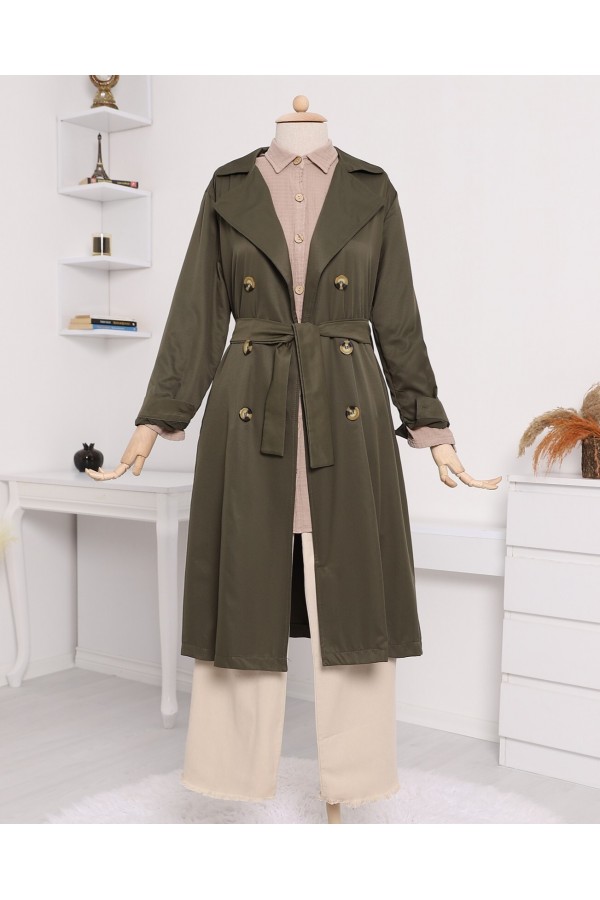 Shawl Collar Belted Long Trench Coat -Khaki